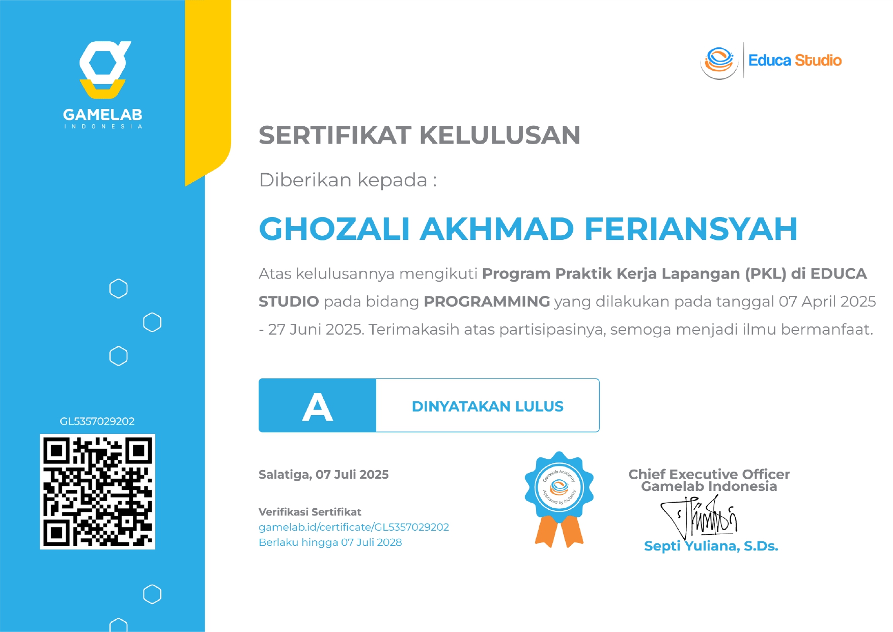 Sertifikat PKL Gamelab